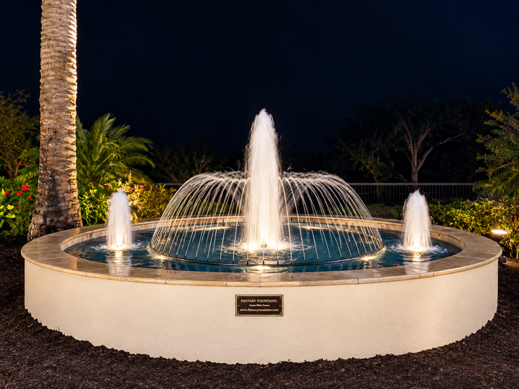 Memorial fountain with frothy nozzles and spray ring